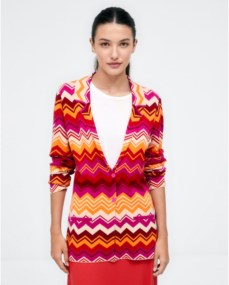 Knitted jacket with pockets. Stripes Fuchsia