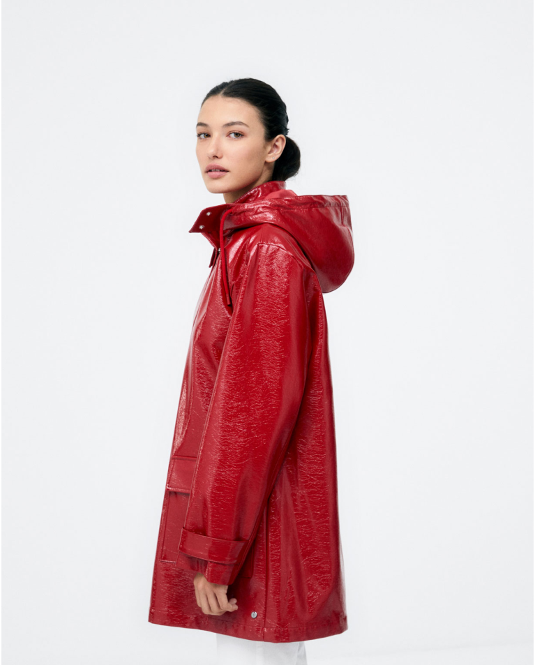 3 4 length parka with hood and pockets. Smooth Red