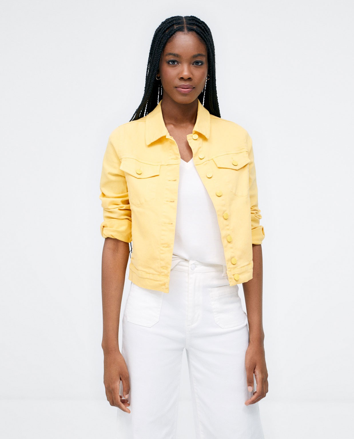 Denim jacket with pockets. Plain Yellow