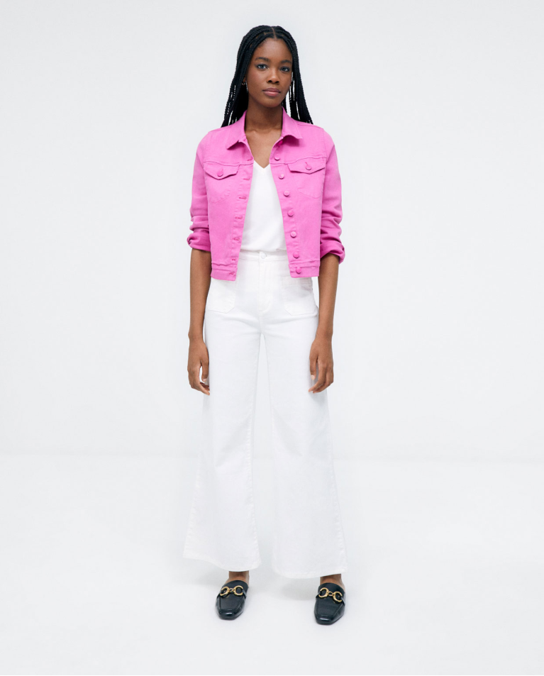 Long denim trousers with pockets. Plain White