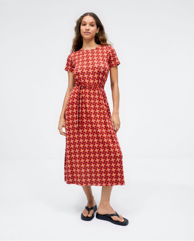 Knotted crossover midi dress. e print Red