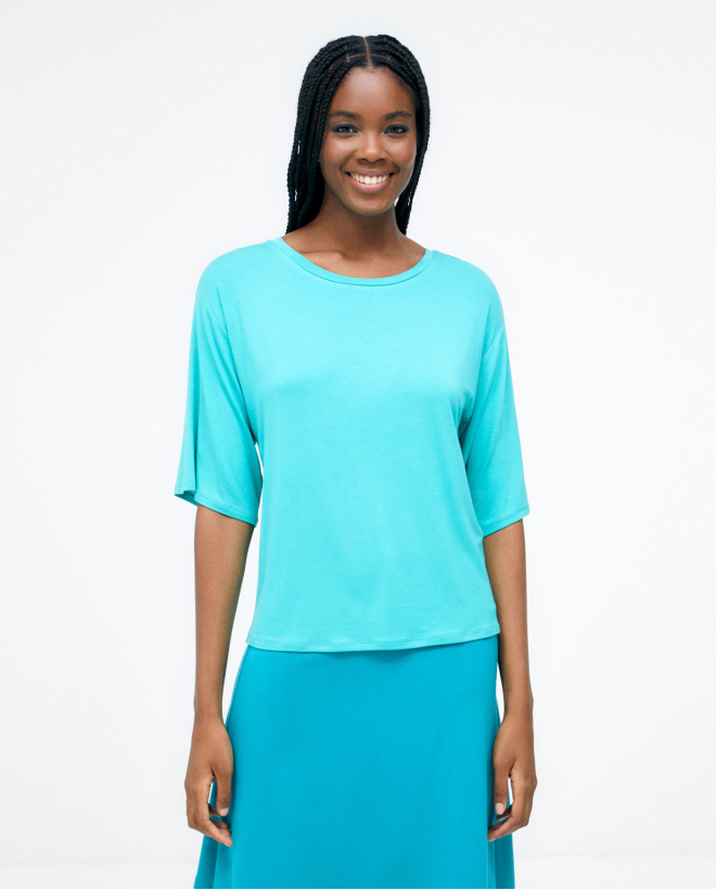 3 4 sleeve wide T-shirt. Elastic. Plain Turquoise