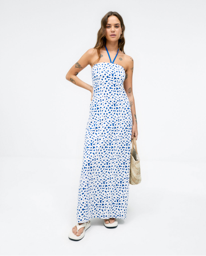 Long strapless dress. e print Blue