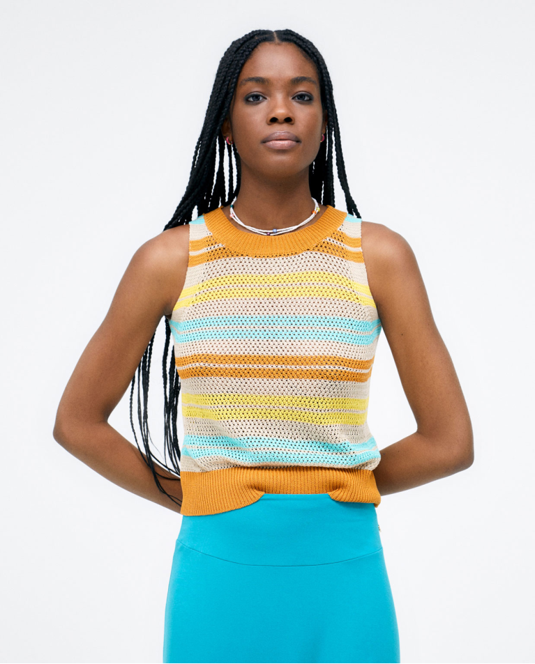 Striped sleeveless knitted jumper. Brown stripes Yellow