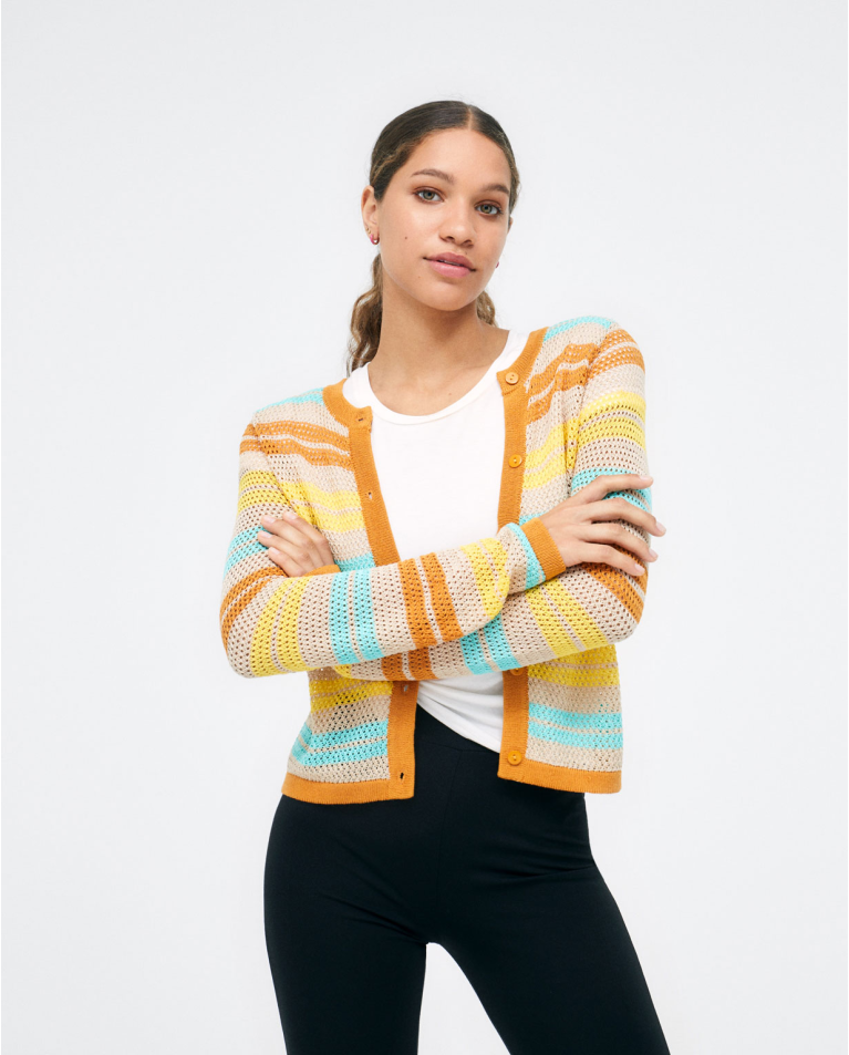 Short knitted cardigan. Without collar. Brown stri Yellow