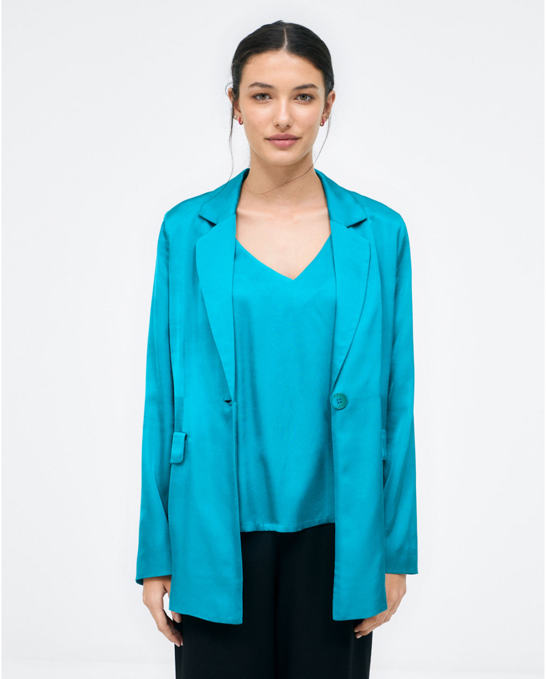 Blazer with flap pockets and belt. Plain Turquoise Color Turquoise Sizes XS