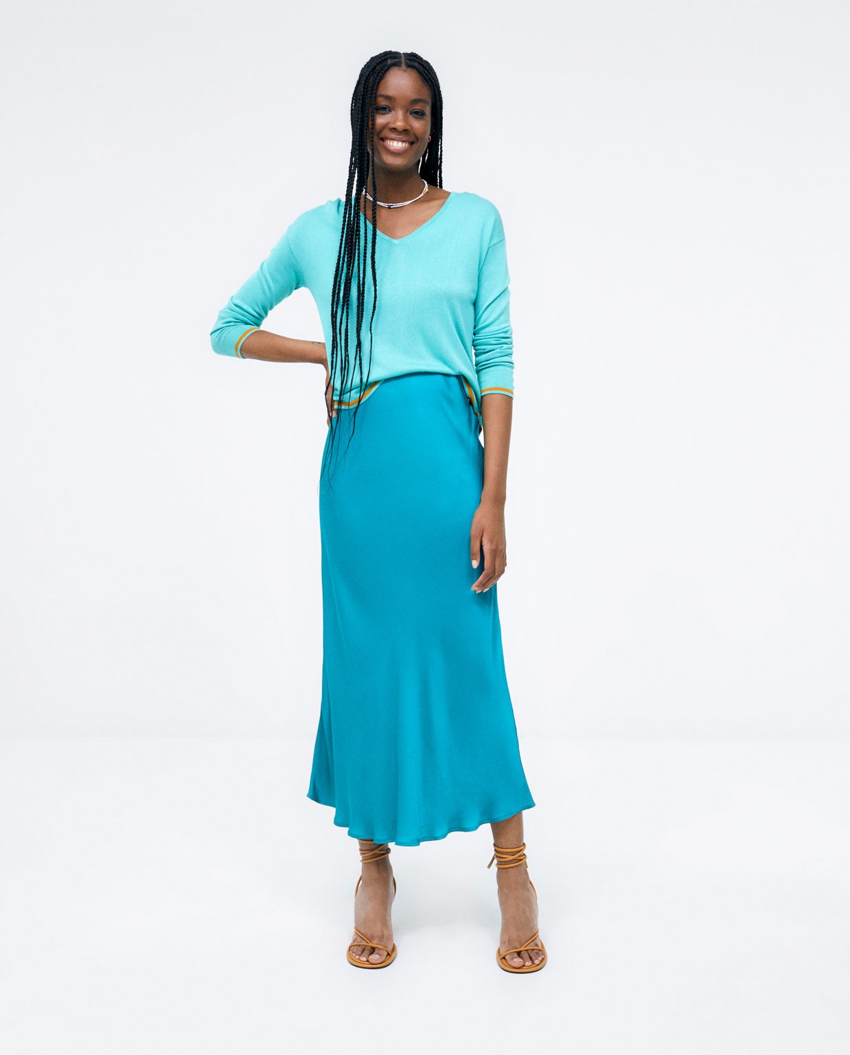Fla knitted midi skirt. Smooth  Turquoise