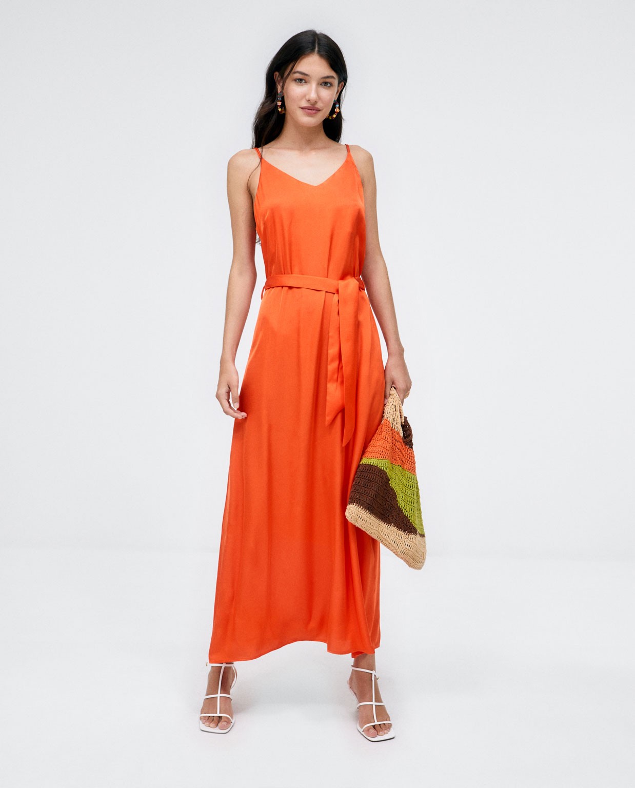 Midi dress with straps and belt. Plain  Orange