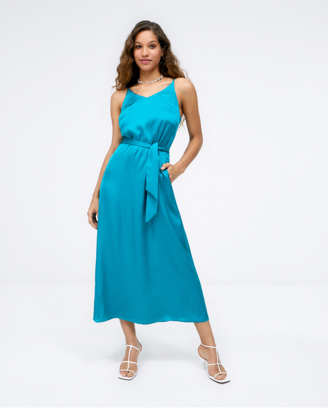 Midi dress with straps and belt. Plain Turquoise