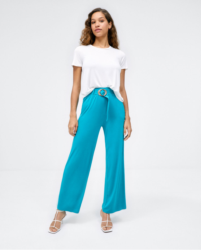 Long trousers with belt. Elasticated. Plain Turquoise