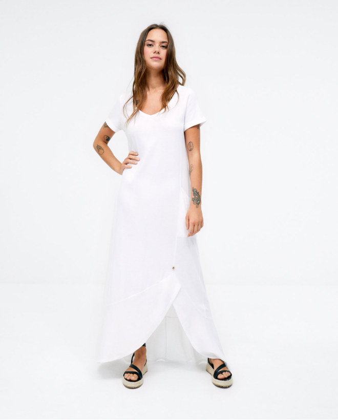 Vestido largo volante. Manga corta. Liso Blanco