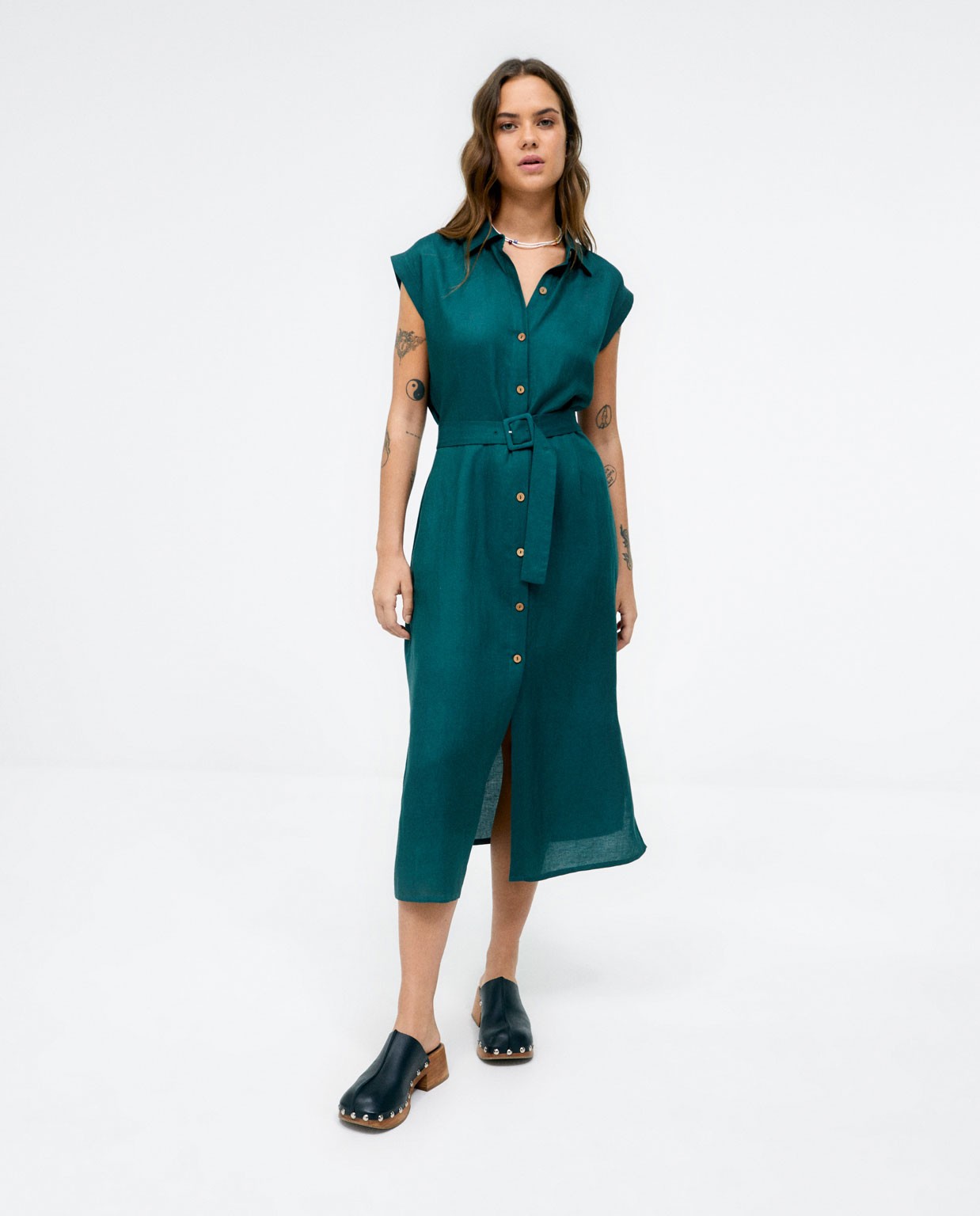 Midi shirt dress. Japanese sleeves. Plain  Khaki